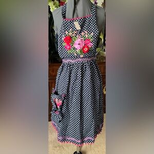 HANDMADE Navy Polka Dot Apron with Floral Embroidery